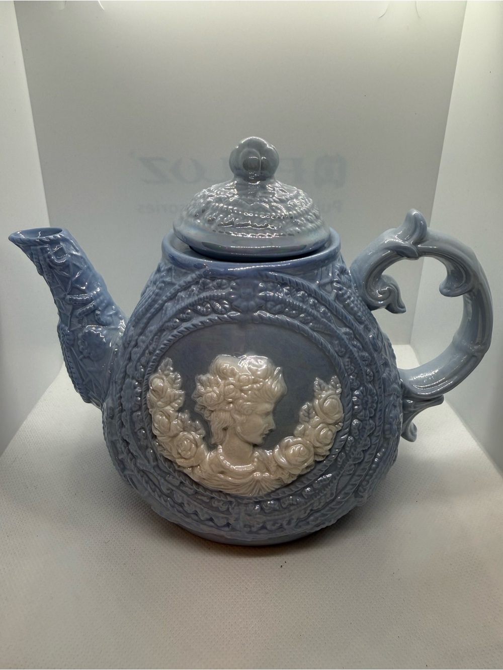 Blue Decorative Ceramic Teapot with Cameo Relief - Classic Home Art